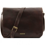 ανδρική τσάντα δερμάτινη messenger double καφέ σκούρο tuscany leather