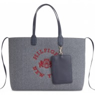 τσάντα tommy hilfiger iconic tommy tote wool logo aw0aw15576 grey line pse