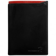 men`s black leather wallet with a red insert