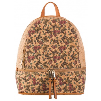 light brown patterned backpack with zippers