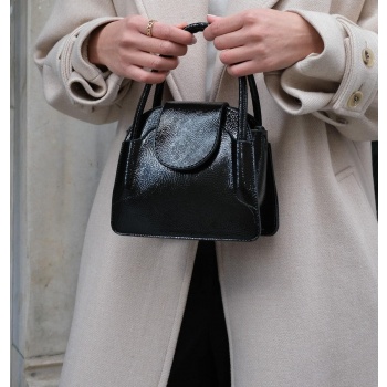 madamra black patent leather women`s clamshell mini city bag