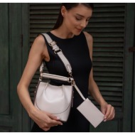 madamra cream women`s top stitched wallet bucket bag