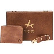 altinyildiz classics men`s brown 100% genuine leather wallet keychain