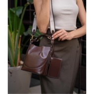 madamra brown women`s top stitched wallet bucket bag