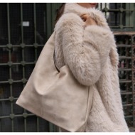 madamra women`s cream leather look short handle shopper bag