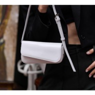 madamra white patent leather women`s mia asymmetric cut handbag