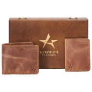 altinyildiz classics men`s brown handmade 100% genuine leather wallet - card holder set