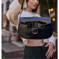 madamra black patent leather women`s gold accessory short handle shoulder bag