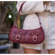 madamra burgundy women`s double pocketed belt buckle shoulder bag