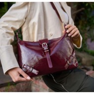 madamra burgundy patent leather women`s belt cornered patent leather shoulder bag