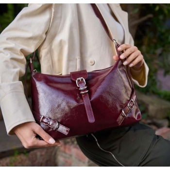 madamra burgundy patent leather women`s belt cornered σε προσφορά