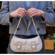 madamra cream women`s double pocketed belt buckle shoulder bag