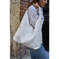 madamra ecru women`s knitted patterned leather shoulder bag