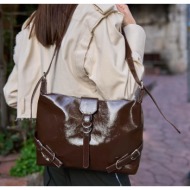 madamra brown patent leather women`s belt cornered patent leather shoulder bag