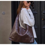 madamra brown women`s knitted patterned leather shoulder bag