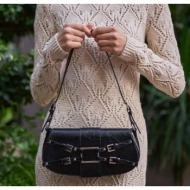 madamra black patent leather women`s belt accessory detailed hand and shoulder bag