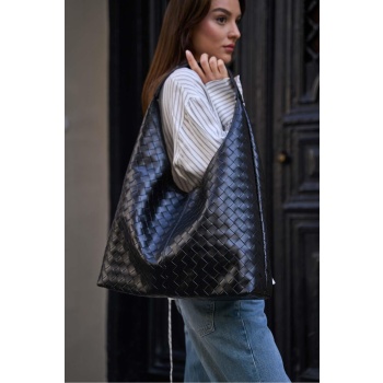 madamra black women`s knitted patterned leather shoulder bag