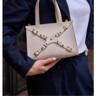 madamra cream women`s stapled mini tote hand and shoulder bag