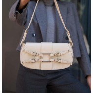 madamra cream women`s belt accessory detailed hand and shoulder bag