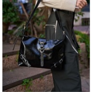 madamra black patent leather women`s belt cornered patent leather shoulder bag