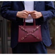 madamra burgundy women`s stapled mini tote hand and shoulder bag
