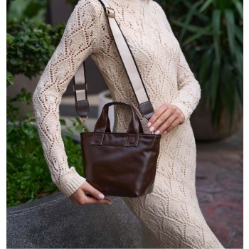 madamra brown women`s soft leather column strap bag σε προσφορά