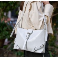 madamra white patent leather women`s belt cornered patent leather shoulder bag