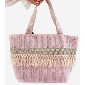 large fringed woven beach bag, pink missalori σε προσφορά