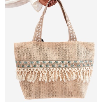 large woven beach bag with fringes, beige missalori σε προσφορά