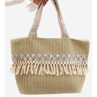 large woven beach bag with fringe, green missalori