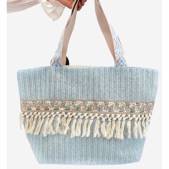 woven large beach bag with fringe blue missalori σε προσφορά