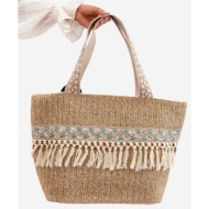 large woven beach bag with fringe, light brown missalori