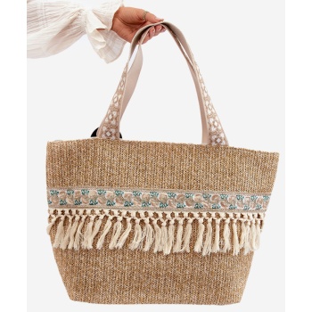 large woven beach bag with fringe, light brown missalori σε προσφορά