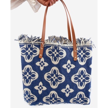 patterned large woven beach bag navy blue sadhara σε προσφορά