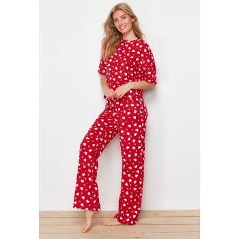 trendyol red 100% cotton heart patterned knitted pajama set σε προσφορά