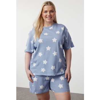 trendyol curve blue star printed knitted pajama set σε προσφορά