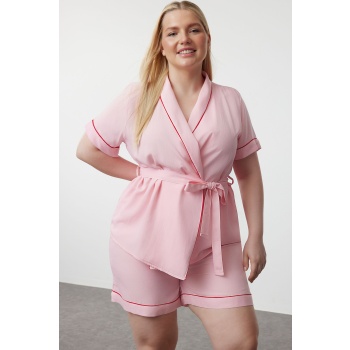 trendyol curve pink woven pajama set with binding and σε προσφορά