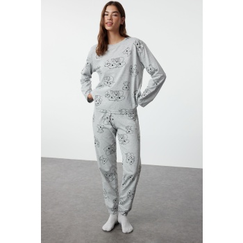 trendyol gray melange cotton animal pattern knitted pajama σε προσφορά