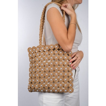 luvishoes grep dark beige pearl detailed women`s handbag σε προσφορά