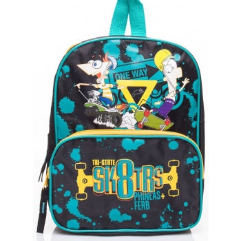 turquoise school backpack with the phineas and ferb theme