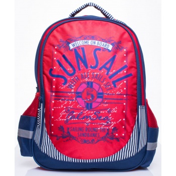 red school backpack with a sailing theme