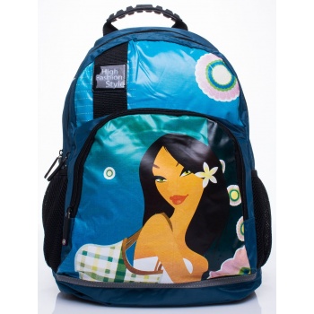 blue school backpack with mulan motif