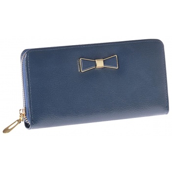 dark blue oblong wallet with a bow and zipper