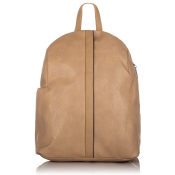 μπεζ backpack με ιδιαίτερο φερμουάρ και πλαϊνές τσέπες