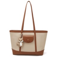 δερμάτινη γυναικεία τσάντα shopper `ωμου foxer 9151041f άσπρο/καφέ