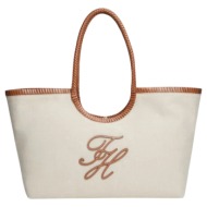 γυναικεία λινή tote τσάντα μπεζ tommy hilfiger aw0aw18629-0f4