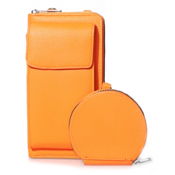 τσαντάκι πορτοφόλι πορτοκαλί δερματίνη με θήκη κινητού και σε προσφορά