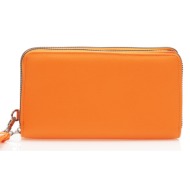 πορτοφόλι πορτοφόλι δερματίνη με διπλό φερμουάρ και λουράκι πορτοκαλι