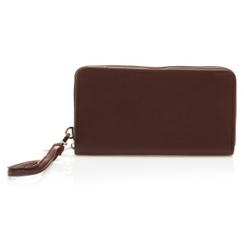 πορτοφόλι καφέ δερματίνη με διπλό φερμουάρ και λουράκι καφε σε προσφορά