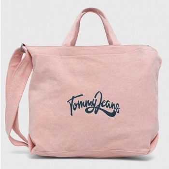 βαμβακερή τσάντα tommy jeans χρώμα ροζ 100% βαμβάκι